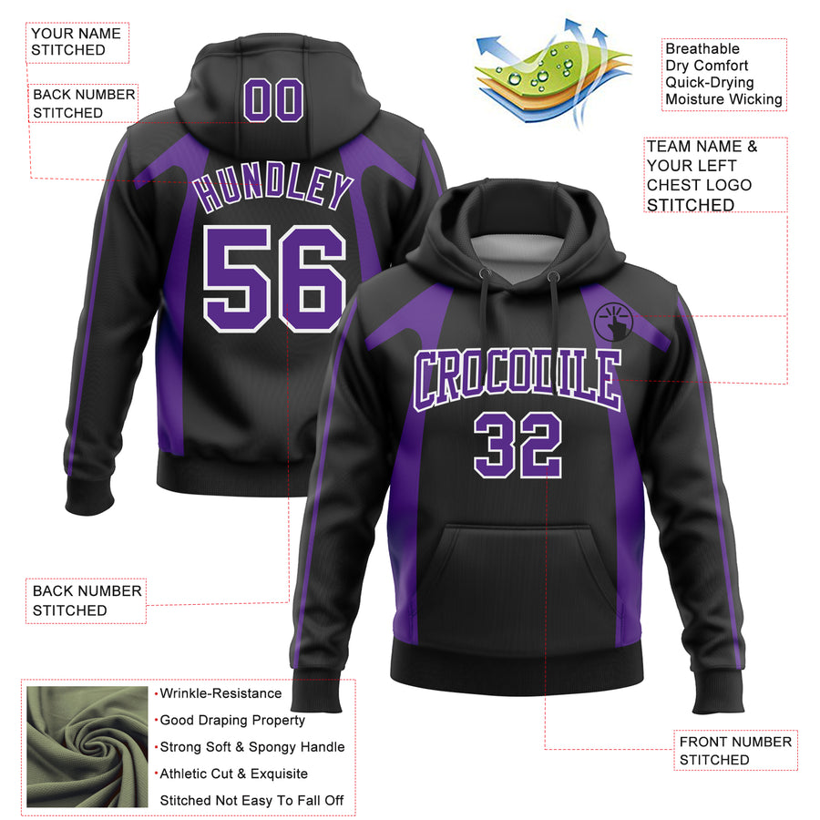 Custom Stitched Black Purple-White 3D Pattern Design Segmentation Patchwork Stripe Sports Pullover Sweatshirt Hoodie