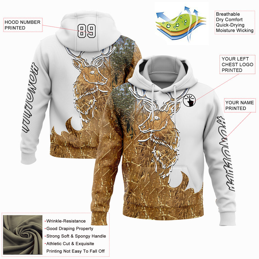 Custom Stitched White Black-Old Gold 3D Deer Hunting Sports Pullover Sweatshirt Hoodie