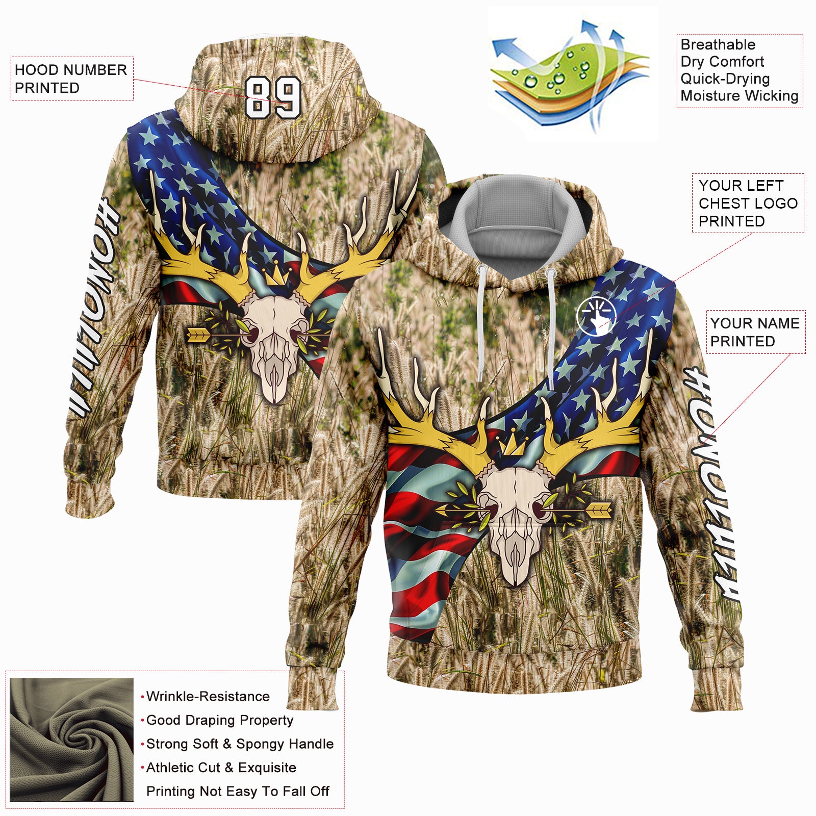 Custom Stitched City Cream White-Black 3D American Flag And Deer Skull Hunting Sports Pullover Sweatshirt Hoodie