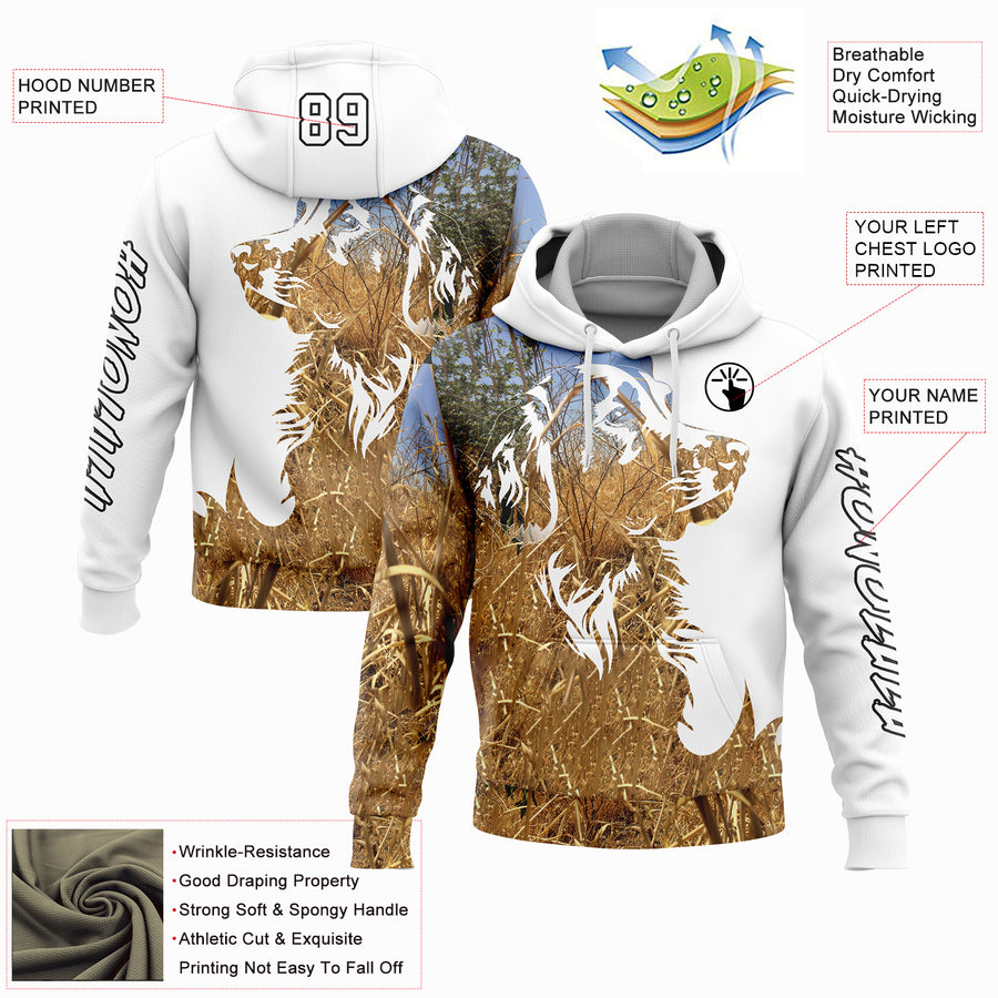 Custom Stitched White Black 3D Dog Hunting Sports Pullover Sweatshirt Hoodie