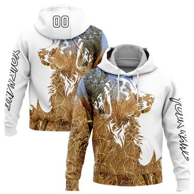 Custom Stitched White Black 3D Dog Hunting Sports Pullover Sweatshirt Hoodie