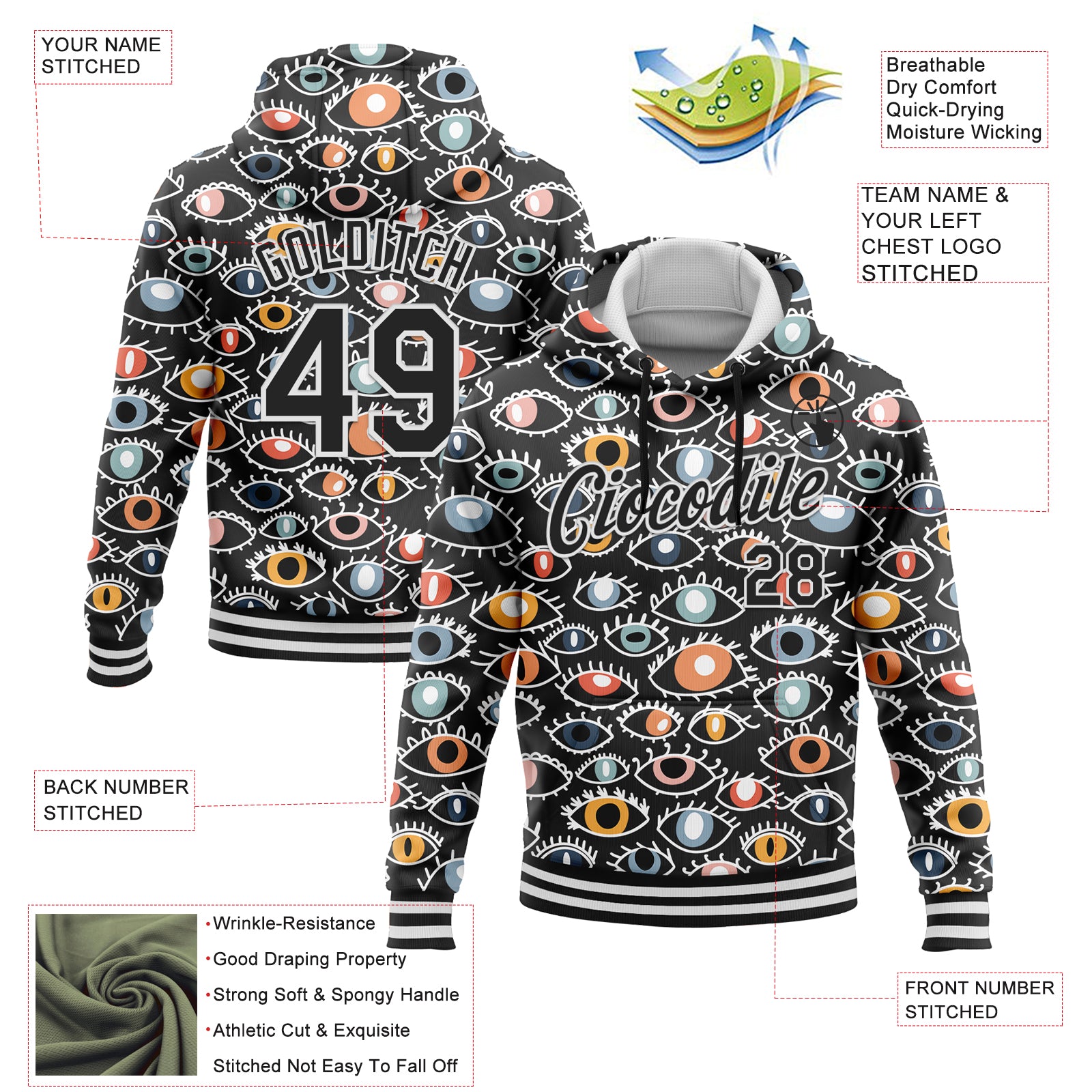 Custom Stitched Black White 3D Pattern Design Evil Eyes Sports Pullover Sweatshirt Hoodie