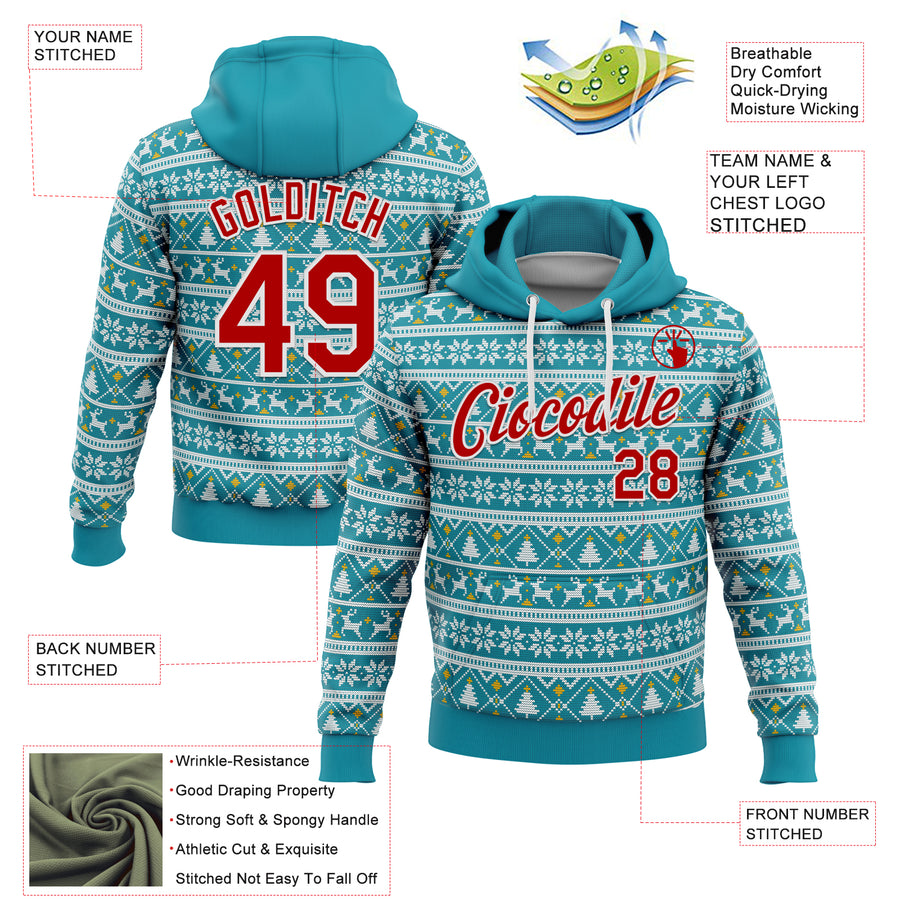 Custom Stitched Midnight Green Red-White 3D Christmas Sports Pullover Sweatshirt Hoodie