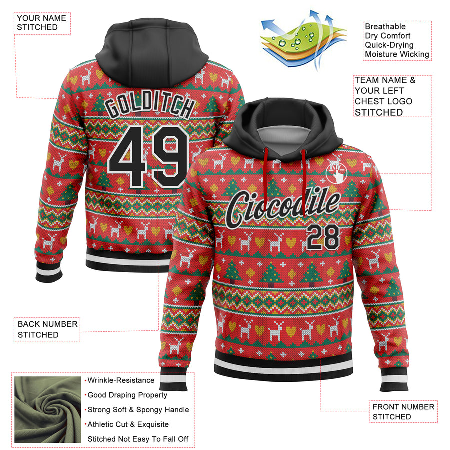 Custom Stitched Red Black-White 3D Christmas Sports Pullover Sweatshirt Hoodie