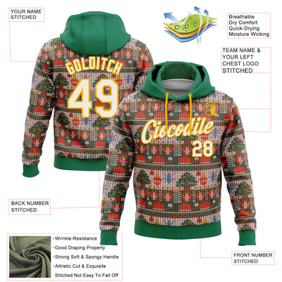 Custom Stitched Kelly Green Cream-Gold 3D Christmas Sports Pullover Sweatshirt Hoodie