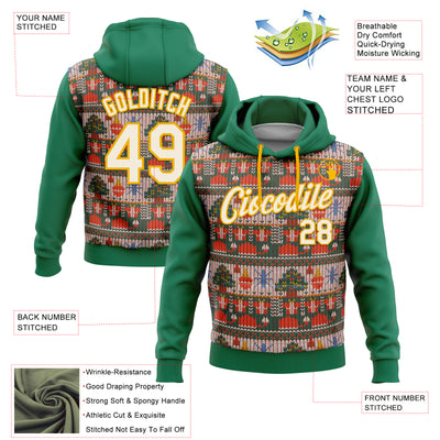 Custom Stitched Kelly Green Cream-Gold 3D Christmas Sports Pullover Sweatshirt Hoodie