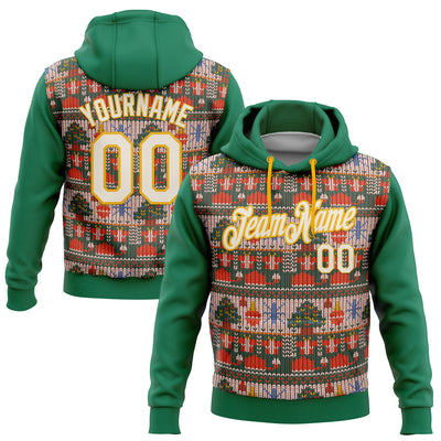 Custom Stitched Kelly Green Cream-Gold 3D Christmas Sports Pullover Sweatshirt Hoodie