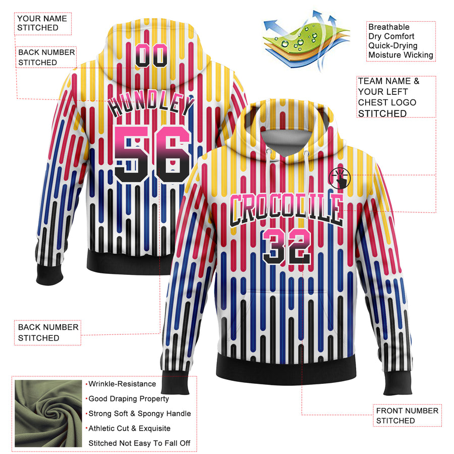 Custom Stitched White Pink-Black Fade 3D Pattern Design Colorful Stripes Shapes Sports Pullover Sweatshirt Hoodie