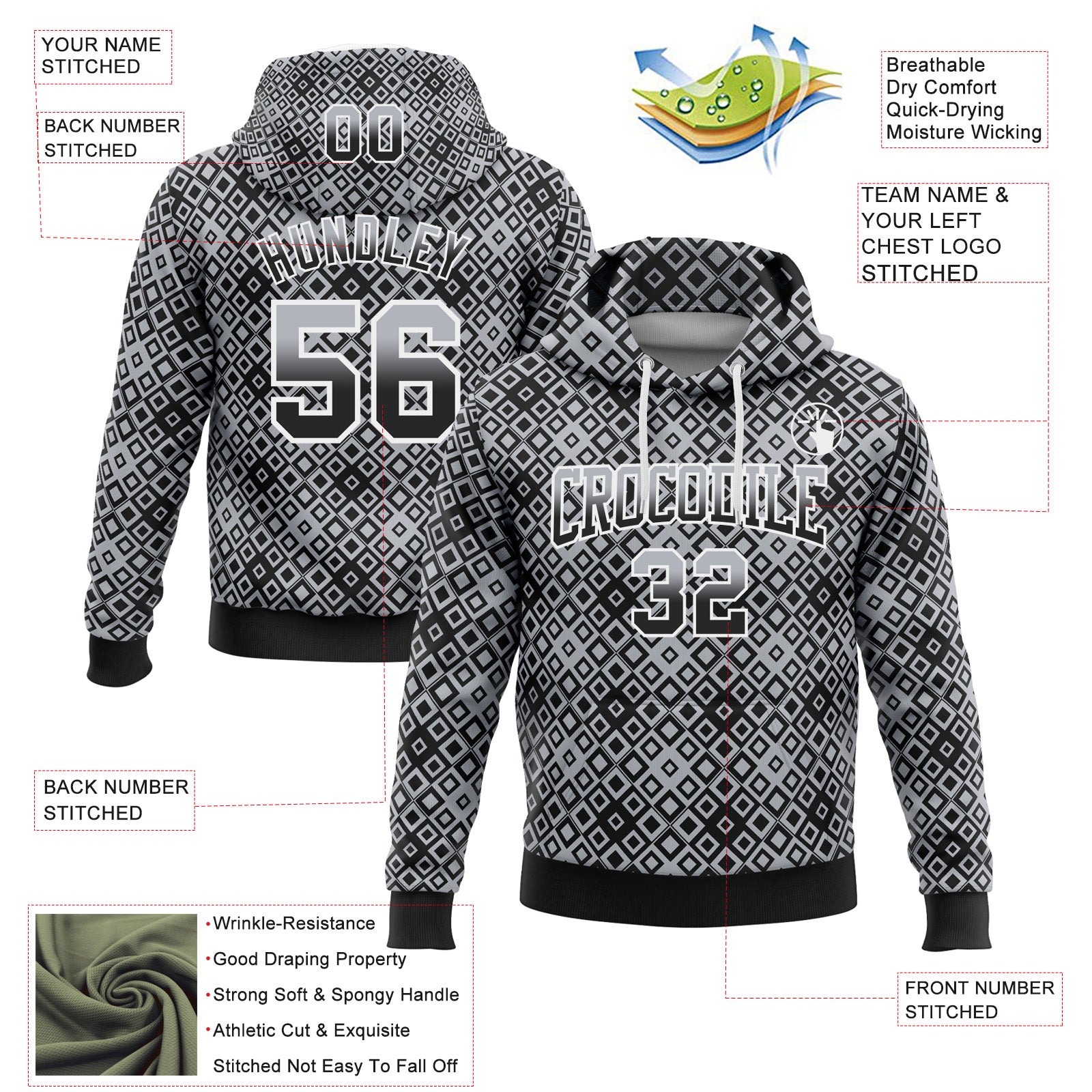 FANSIDEA Custom Sweatshirt Hoodie Stitched Gray Black White Fade 3D Pattern Design Geometric Square Shapes Sports Pullover Men s Size XL