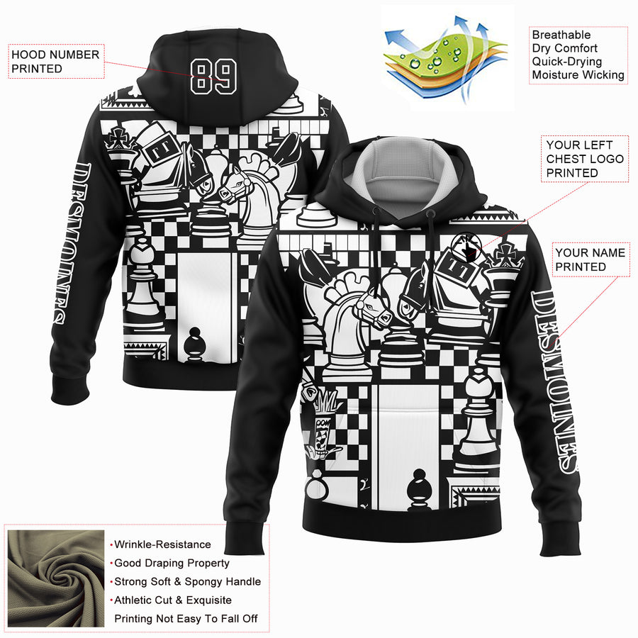 Custom Stitched Black White 3D Chess International Chess Day Sports Pullover Sweatshirt Hoodie