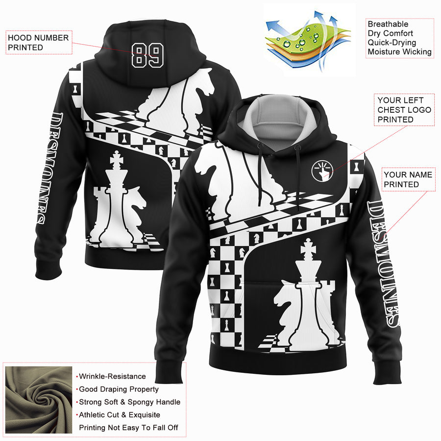 Custom Stitched Black White 3D Chess International Chess Day Sports Pullover Sweatshirt Hoodie