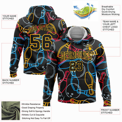 Custom Stitched Black Gold 3D Bowling Sports Pullover Sweatshirt Hoodie