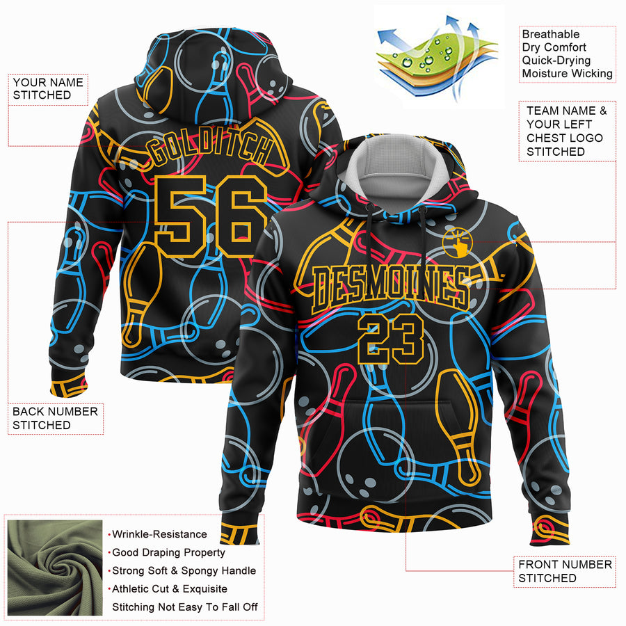 Custom Stitched Black Gold 3D Bowling Sports Pullover Sweatshirt Hoodie