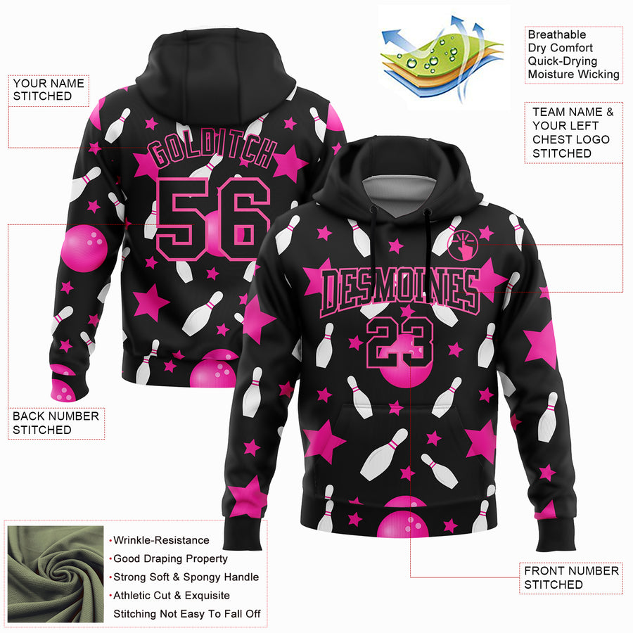 Custom Stitched Black Pink 3D Bowling Sports Pullover Sweatshirt Hoodie