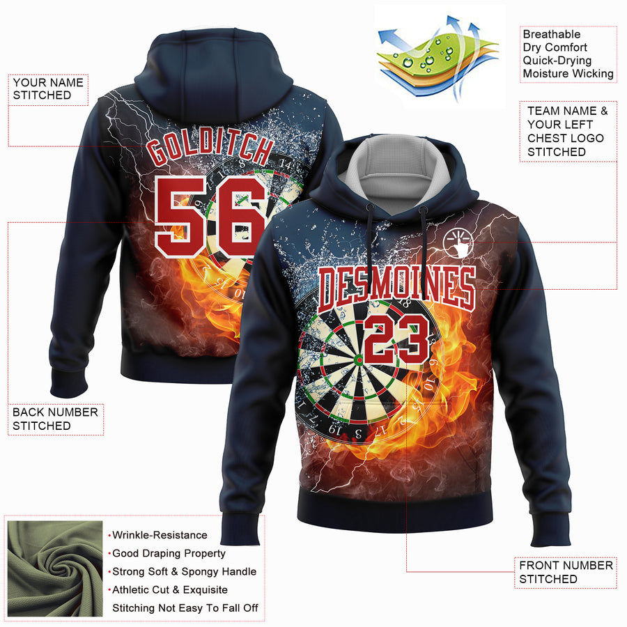 Custom Stitched Navy Red-White 3D Flame Dart Board Sports Pullover Sweatshirt Hoodie