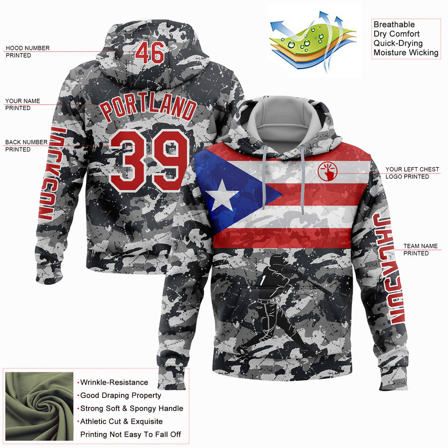 Custom Stitched Camo Red-White 3D Puerto Rico Puerto Rican Flag Sports Pullover Sweatshirt Salute To Service Hoodie