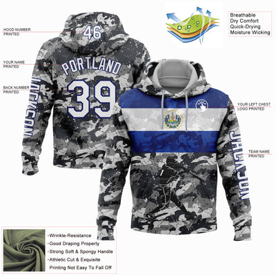 Custom Stitched Camo White-Navy 3D El Salvador El Salvadoran Flag Sports Pullover Sweatshirt Salute To Service Hoodie