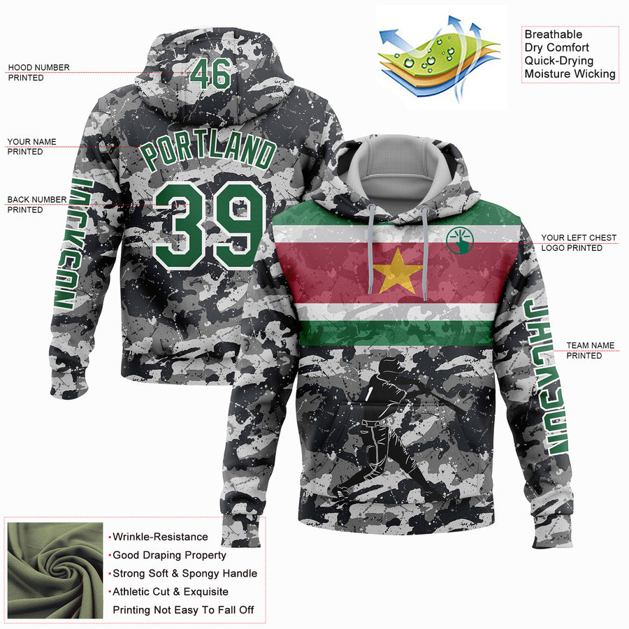 Custom Stitched Camo Kelly Green-White 3D Suriname Surinamese Flag Sports Pullover Sweatshirt Salute To Service Hoodie