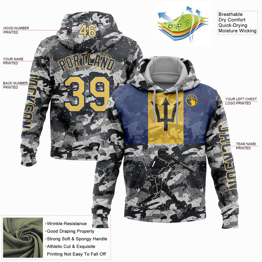 Custom Stitched Camo Yellow-Navy 3D Barbados Barbadian Flag Sports Pullover Sweatshirt Salute To Service Hoodie