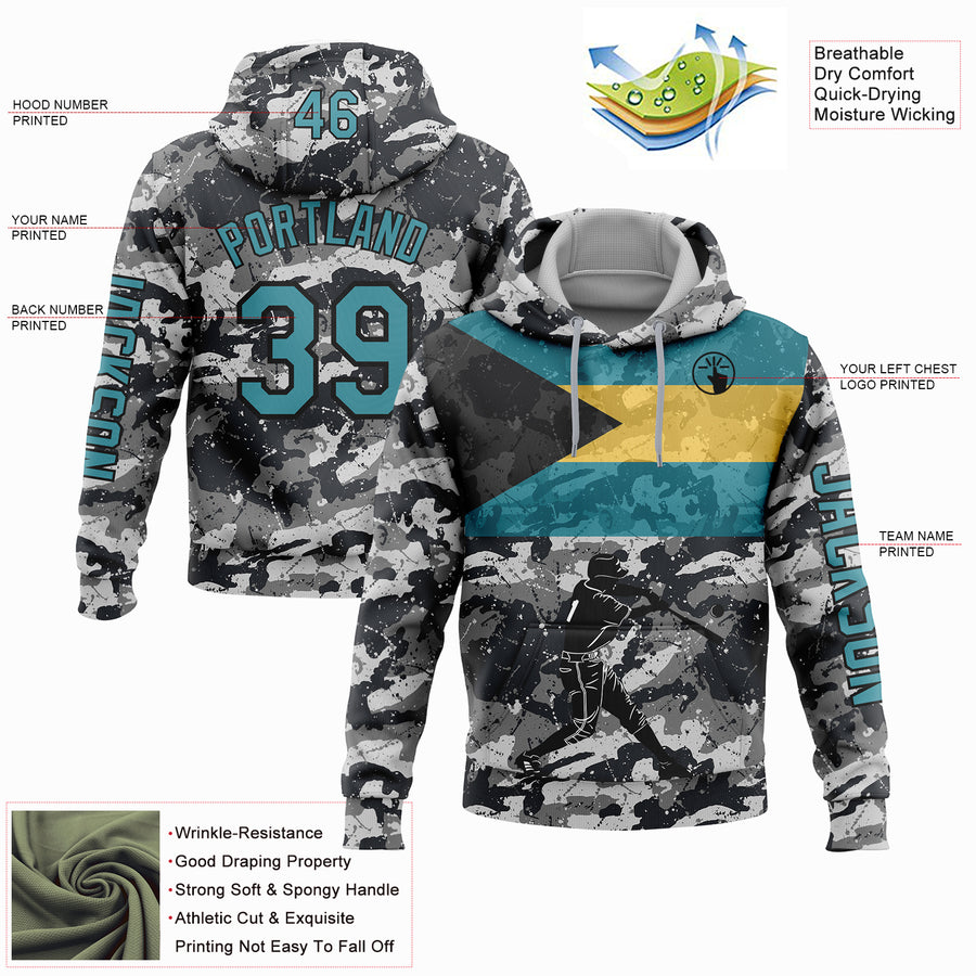 Custom Stitched Camo Teal-Black 3D Bahamas Bahamian Flag Sports Pullover Sweatshirt Salute To Service Hoodie