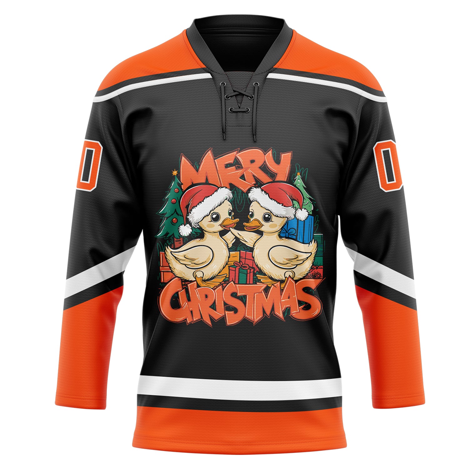 Custom lace neck Hockey Lace Neck Jersey Black Orange White Funny Christmas 3D Hockey Jersey FansIdea