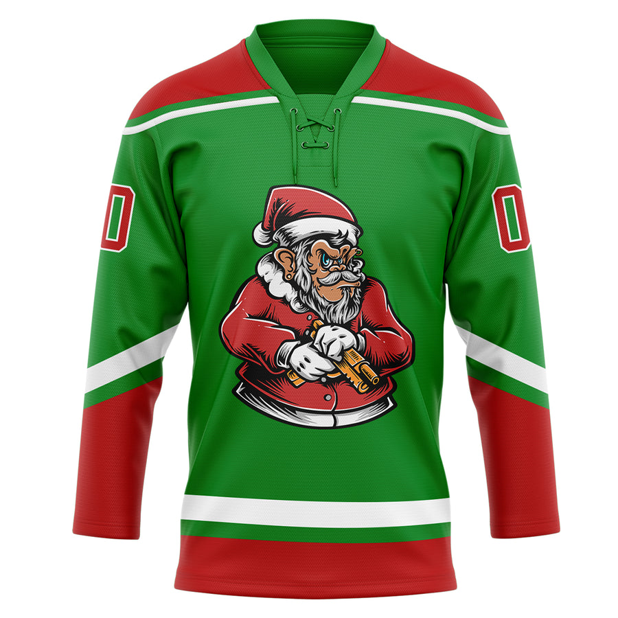 Custom Grass Green Red-White Funny Christmas 3D Hockey Lace Neck Jersey