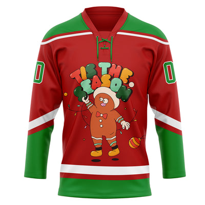 Custom Red Grass Green-White Funny Christmas 3D Hockey Lace Neck Jersey