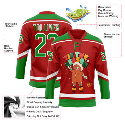 Custom Red Grass Green-White Funny Christmas 3D Hockey Lace Neck Jersey