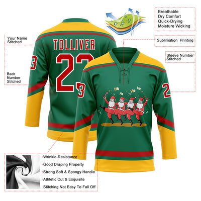 Custom Kelly Green Red-Gold Funny Christmas 3D Hockey Lace Neck Jersey