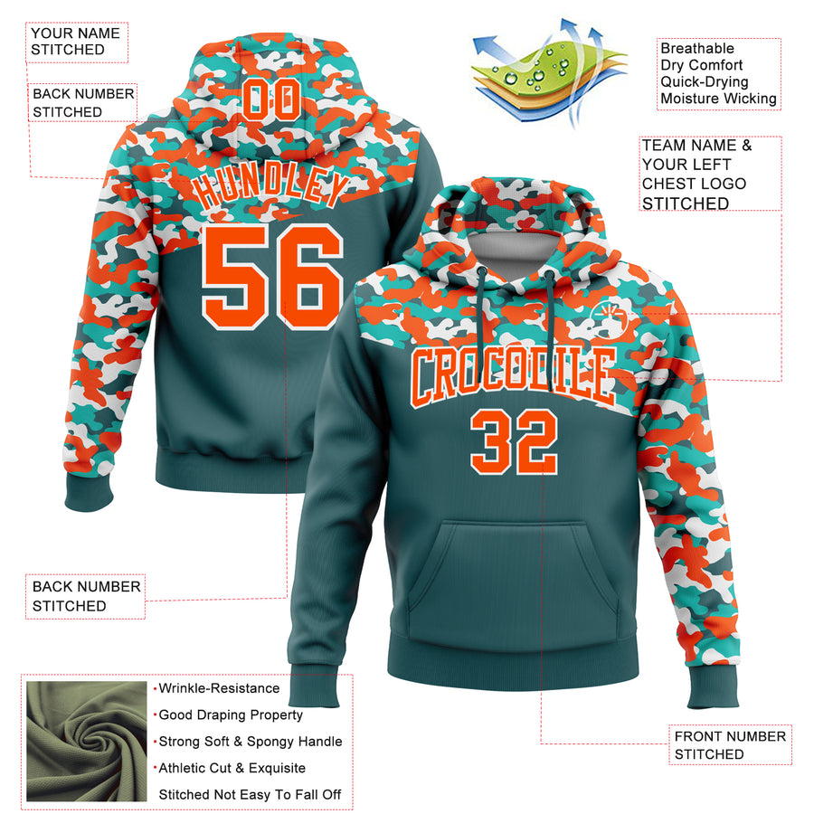 Custom Stitched Camo Orange Midnight Green-Aqua 3D Sports Pullover Sweatshirt Salute To Service Hoodie