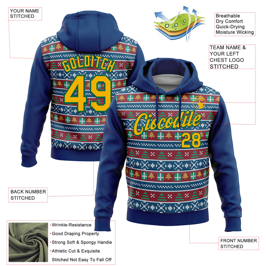 Custom Stitched US Navy Blue Gold-Kelly Green Christmas 3D Sports Pullover Sweatshirt Hoodie