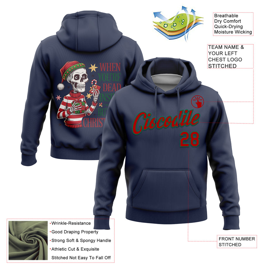 Custom Stitched Navy Kelly Green-Red Funny Christmas 3D Sports Pullover Sweatshirt Hoodie