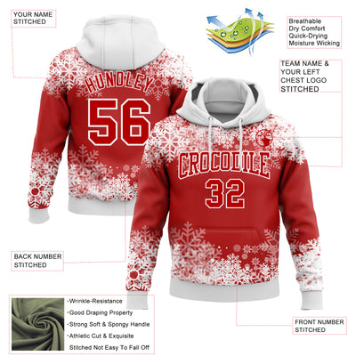 Custom Stitched Red White Christmas Snowflakes 3D Sports Pullover Sweatshirt Hoodie