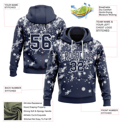 Custom Stitched Navy White Christmas Snowflakes 3D Sports Pullover Sweatshirt Hoodie