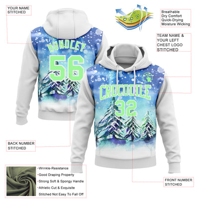 Custom Stitched White Pea Green Christmas Snowflakes 3D Sports Pullover Sweatshirt Hoodie