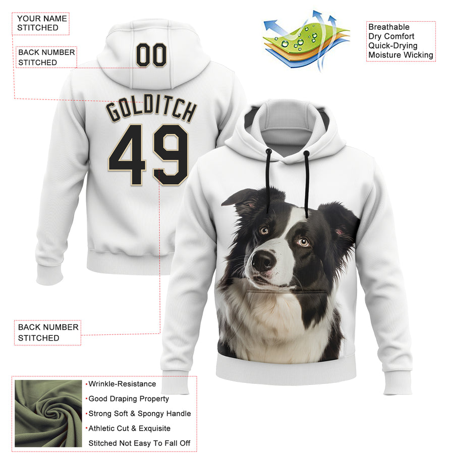 Custom Stitched White Black-Cream 3D Pattern Design Border Collie Sports Pullover Sweatshirt Hoodie