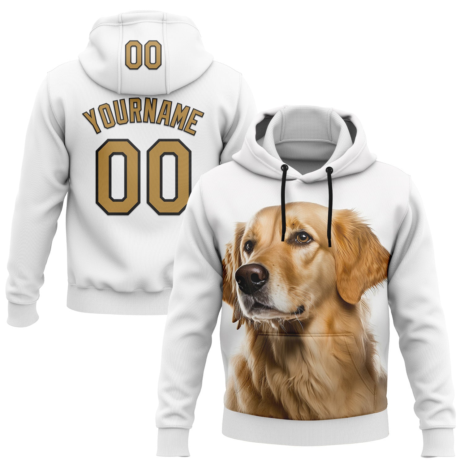 Custom Stitched White Old Gold-Black 3D Pattern Design Golden Retriever Dog Sports Pullover Sweatshirt Hoodie