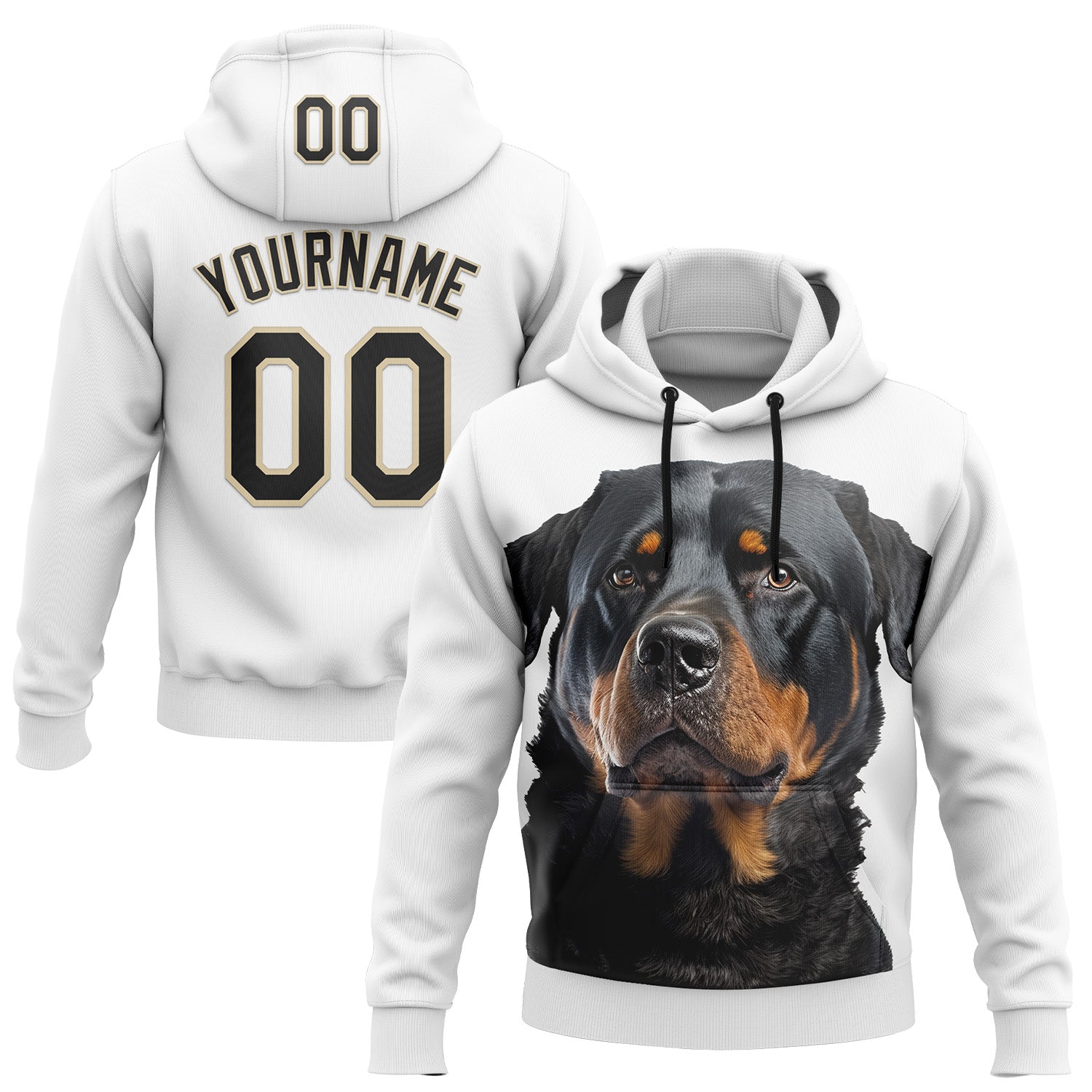 Custom Stitched White Black-Cream 3D Pattern Design Rottweiler Dog Sports Pullover Sweatshirt Hoodie