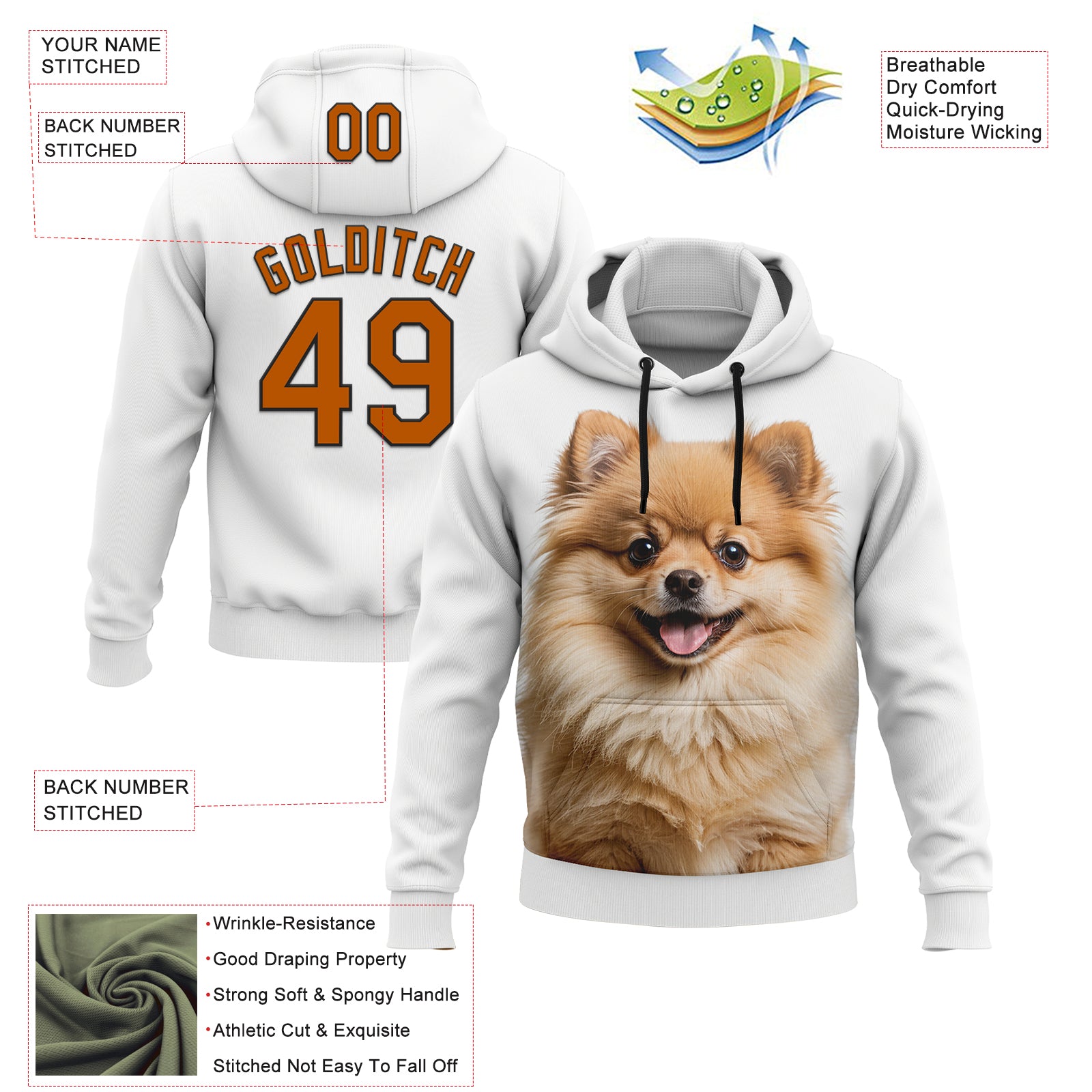 Custom Stitched White Texas Orange-Black 3D Pattern Design Pomeranian Dog Sports Pullover Sweatshirt Hoodie