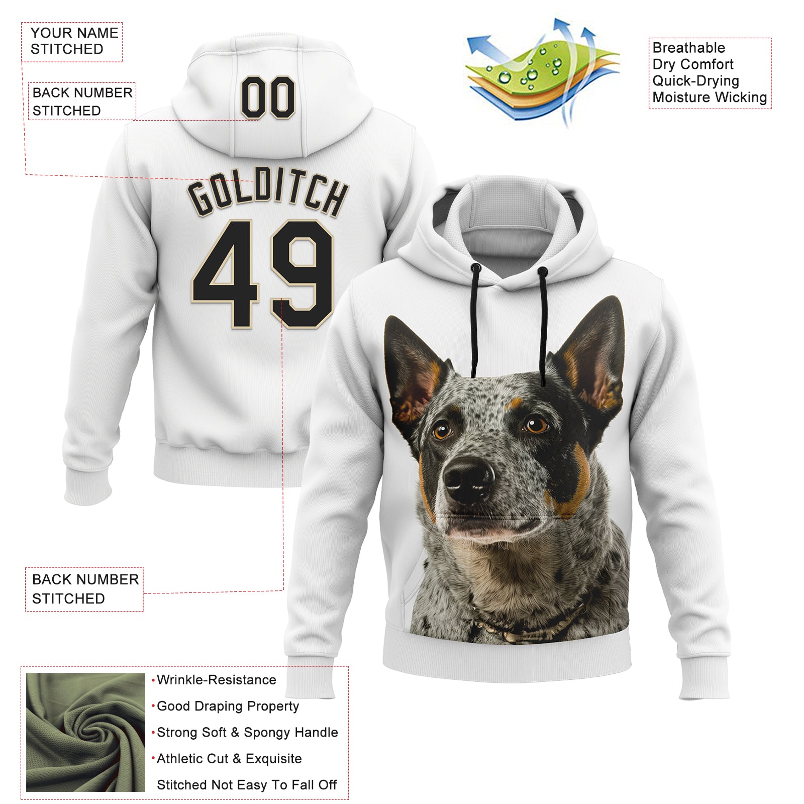 Custom Stitched White Black-Cream 3D Pattern Design Australian Cattlel Dog Sports Pullover Sweatshirt Hoodie