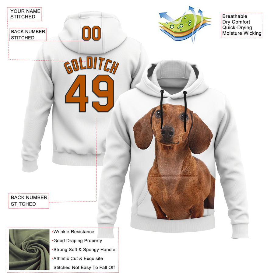 Custom Stitched White Texas Orange-Black 3D Pattern Design Dachshund Dog Sports Pullover Sweatshirt Hoodie