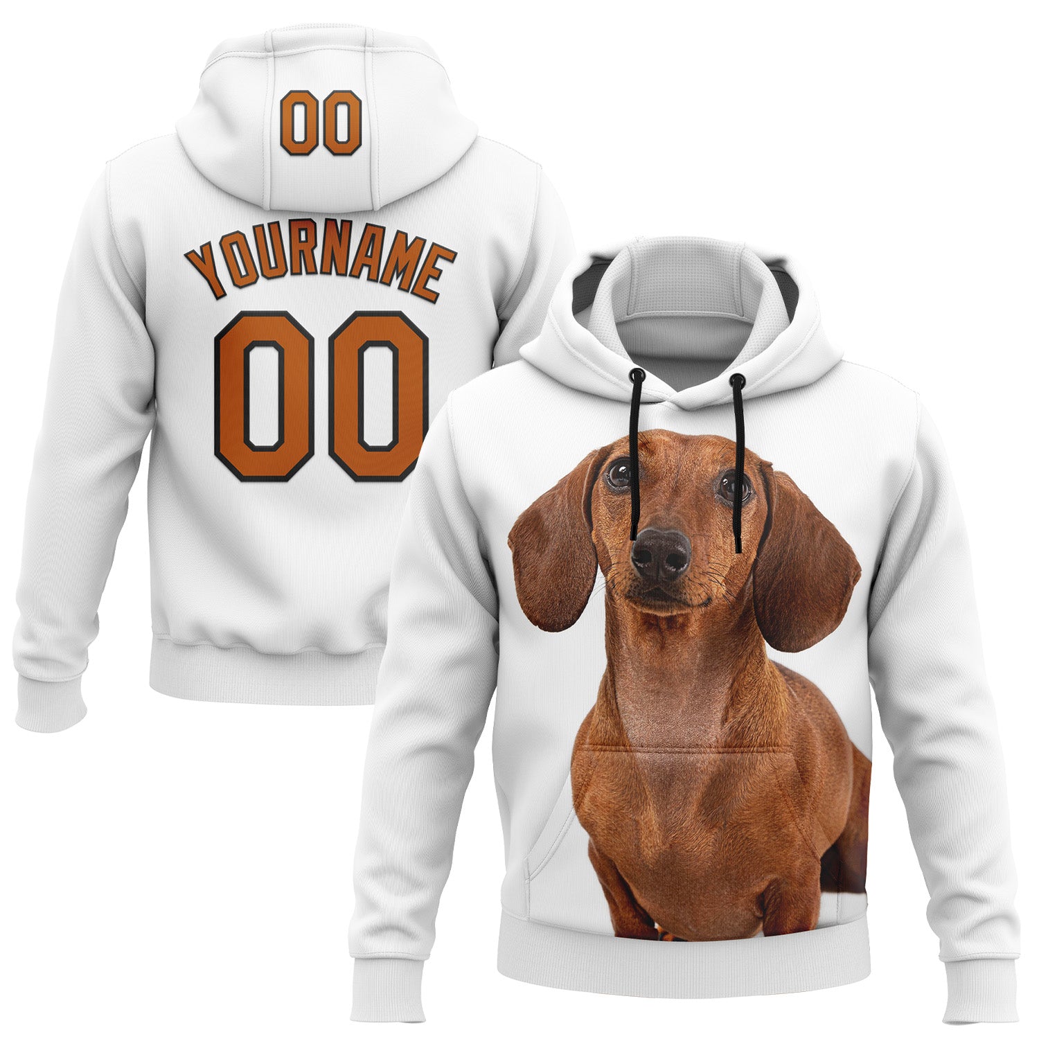 Custom Stitched White Texas Orange-Black 3D Pattern Design Dachshund Dog Sports Pullover Sweatshirt Hoodie