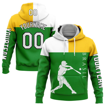 Custom Stitched Grass Green Yellow-Black 3D Brasil Brazilian Flag Sports Pullover Sweatshirt Hoodie