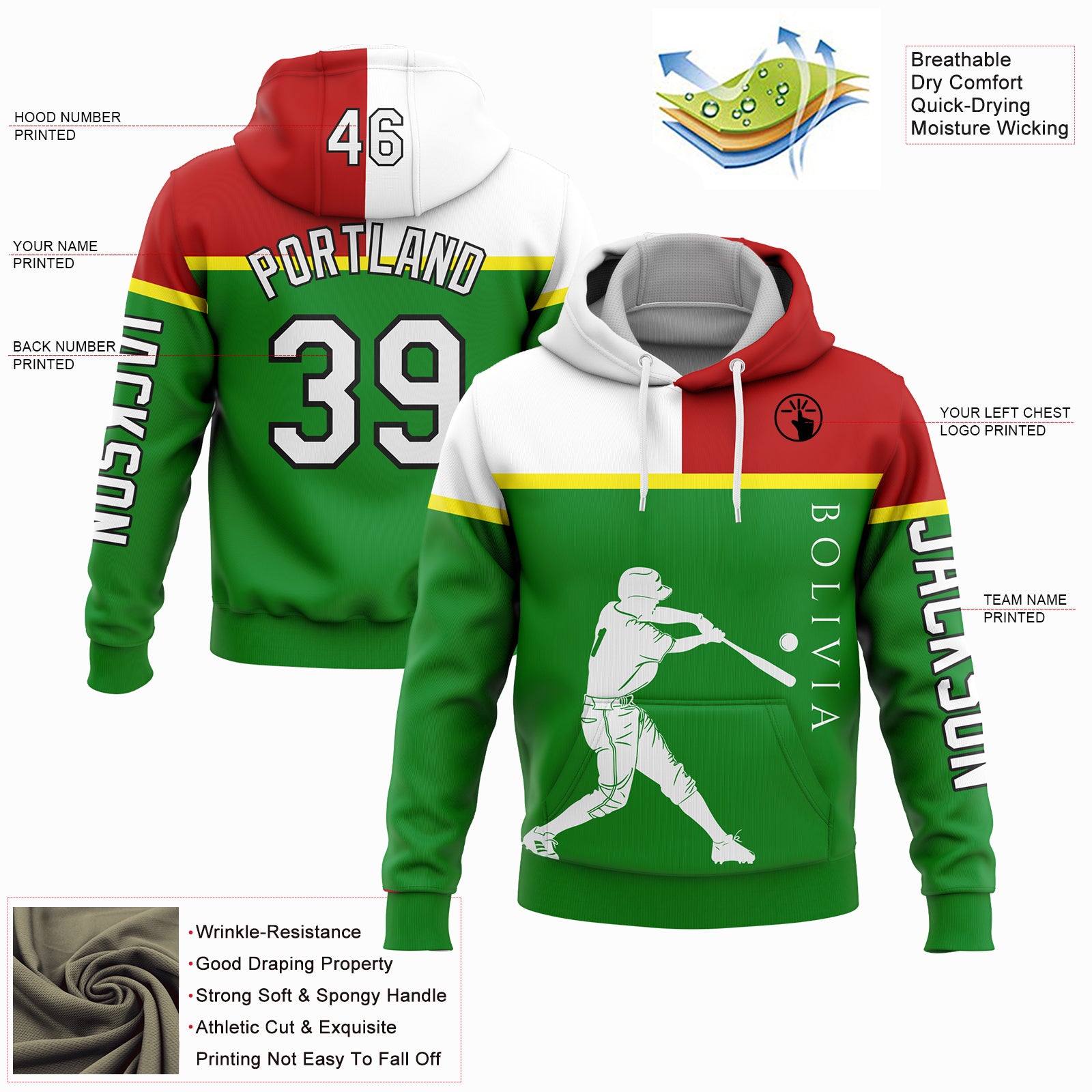 Custom Stitched Grass Green Red Light Yellow-Black 3D Bolivia Bolivian Flag Sports Pullover Sweatshirt Hoodie