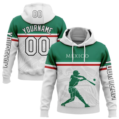 Custom Stitched White Kelly Green Red-Black 3D Mexico Mexican Flag Sports Pullover Sweatshirt Hoodie