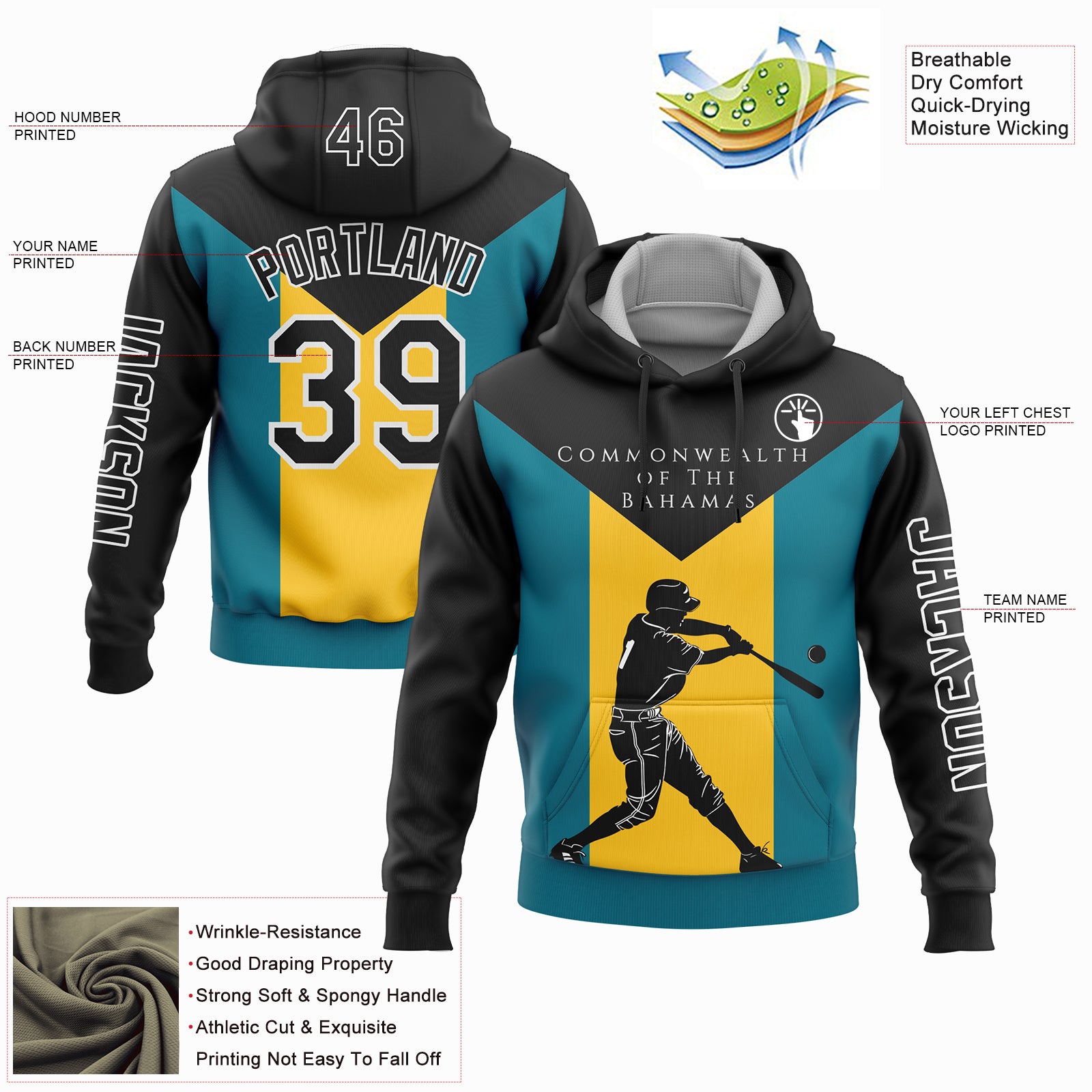 Custom Stitched Black Teal-Gold 3D Bahamas Bahamian Flag Sports Pullover Sweatshirt Hoodie