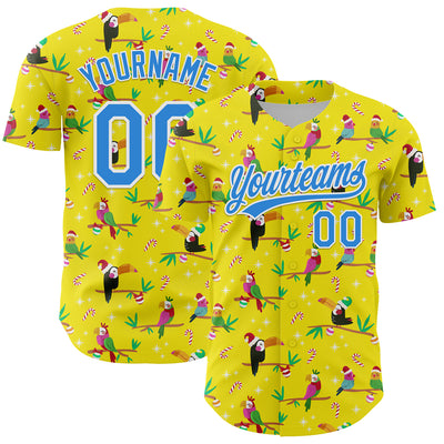 Custom Light Yellow Electric Blue-White 3D Funny Christmas Authentic Baseball Jersey