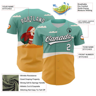 Custom Teal Black-Old Gold 3D Funny Christmas Authentic Baseball Jersey