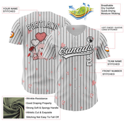 Custom White Black Pinstripe Black 3D Love Heart Valentine's Day Authentic Baseball Jersey