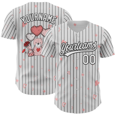 Custom White Black Pinstripe Black 3D Love Heart Valentine's Day Authentic Baseball Jersey